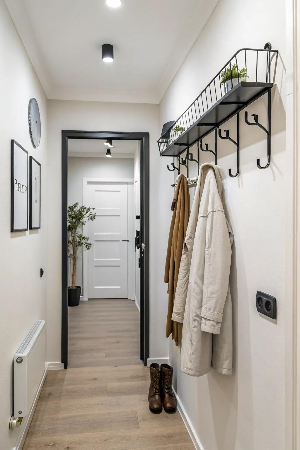 A streamlined surface-affixed coat rack, suitable for compact areas prioritizing simplicity.