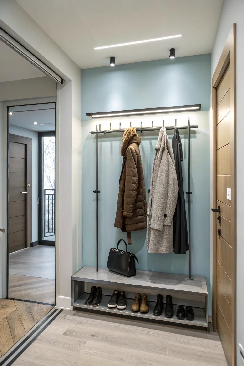 A sleek wall-mounted rack providing stylish coat storage.