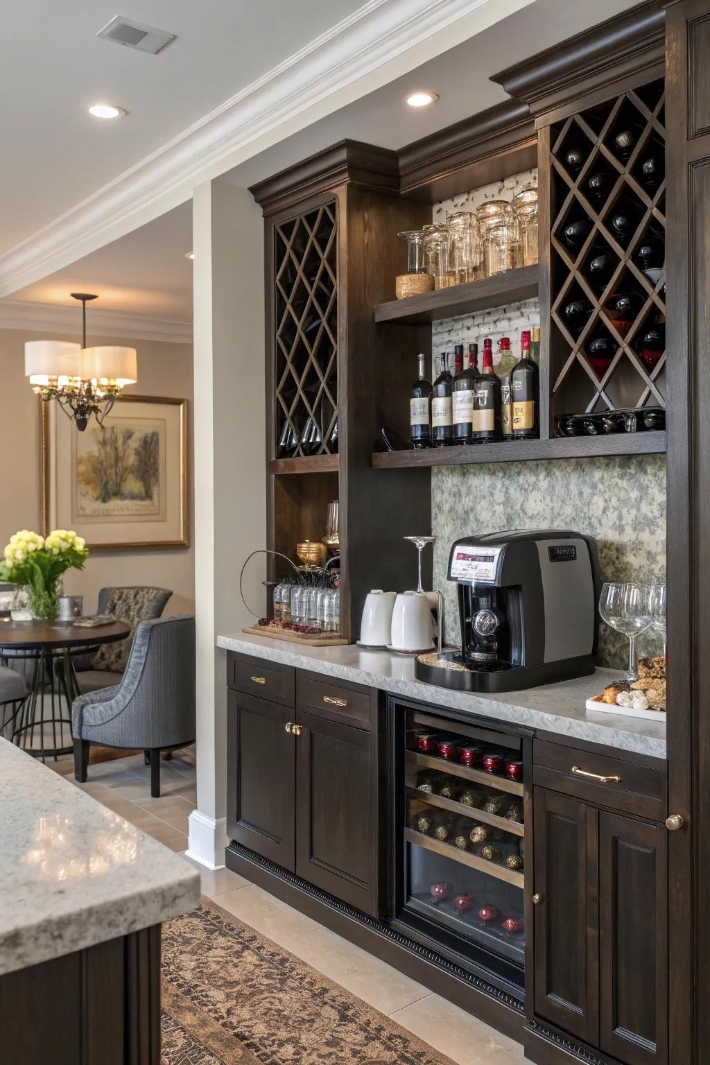 A specialized bar zone catering to both coffee and wine aficionados.