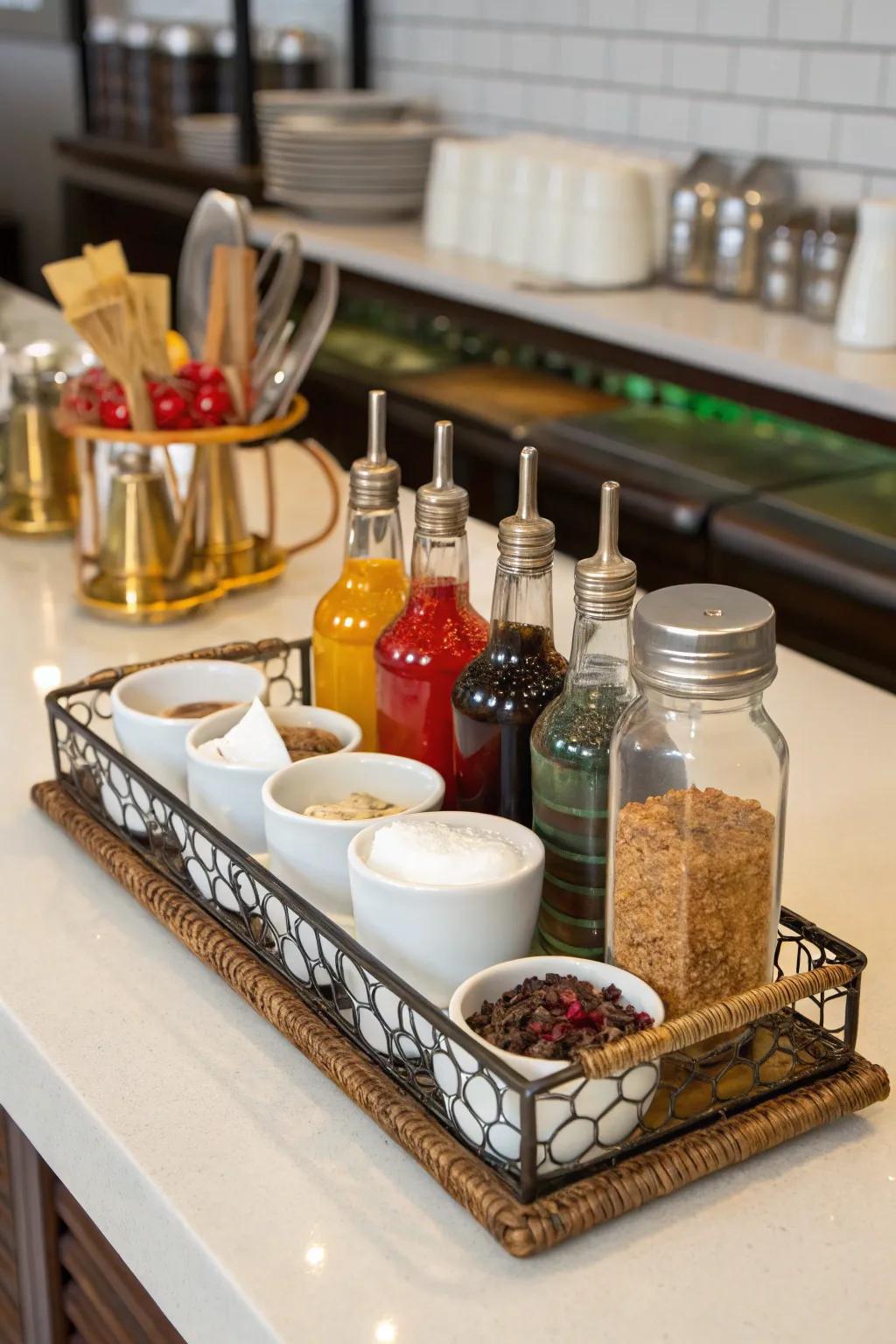 A vintage tray keeps coffee essentials organized.