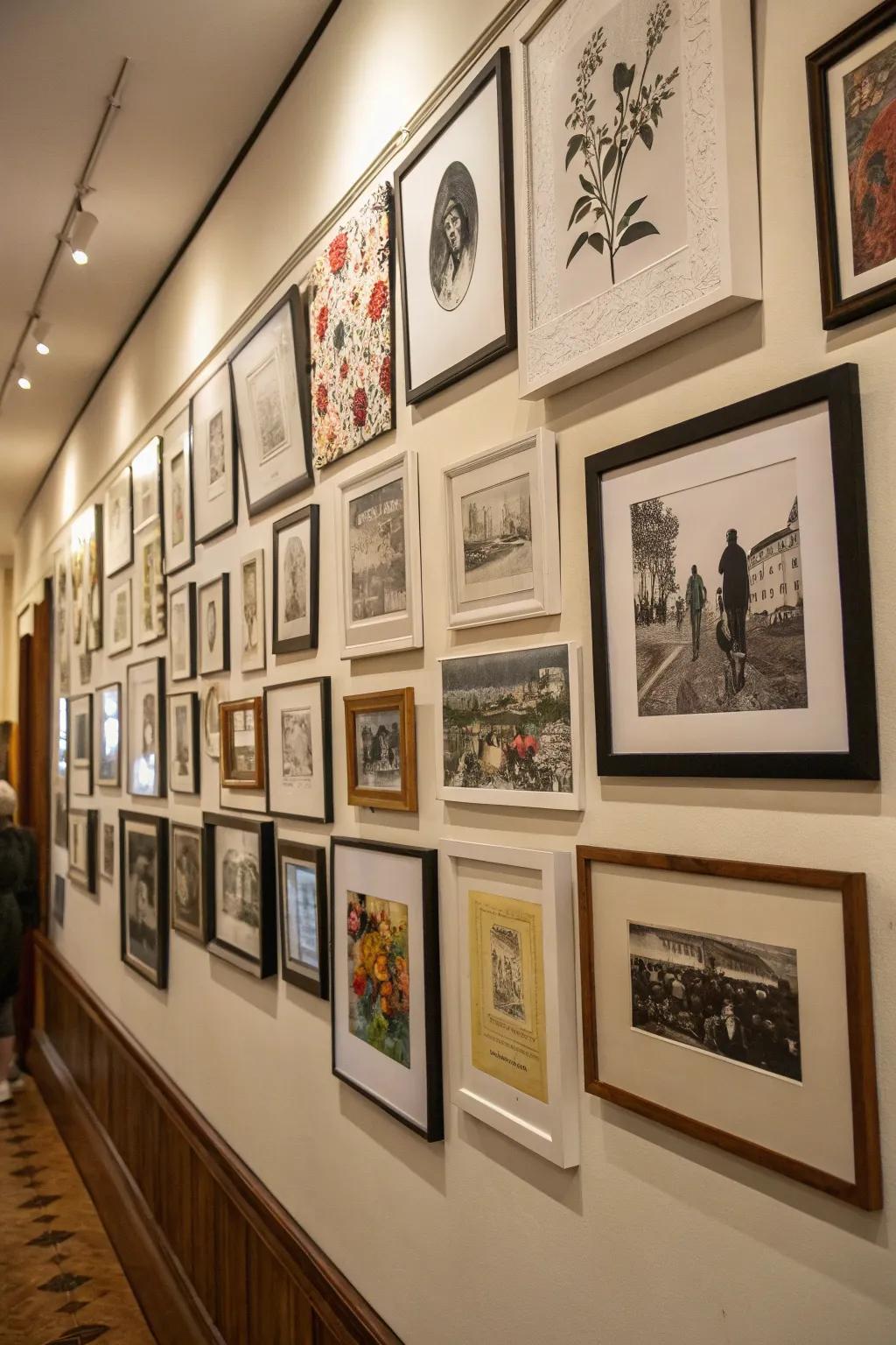 A gallery wall showcasing a mix of personal photos and artistic prints.