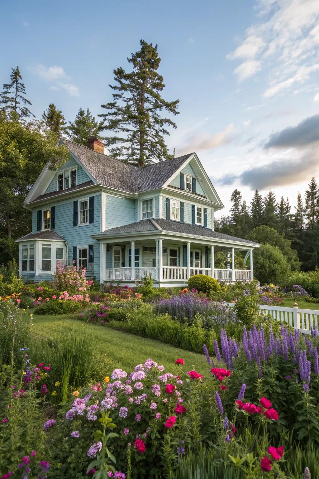 A sophisticated colonial house with a soft azure exterior nestled within a lush garden.