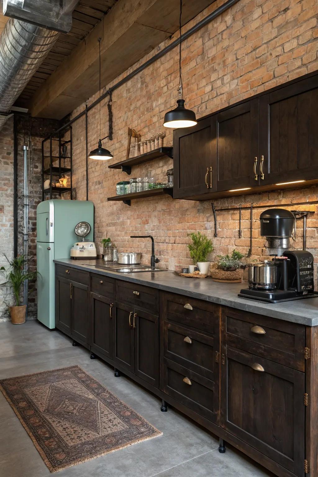 An industrial chic kitchen featuring dark cabinets and textured brick walls for a cozy, modern feel.