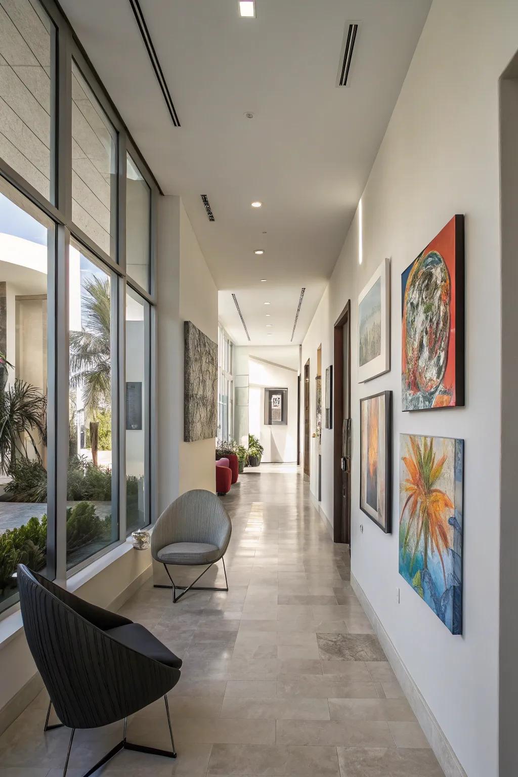 Bright artwork can transform your hallway into a lively gallery.