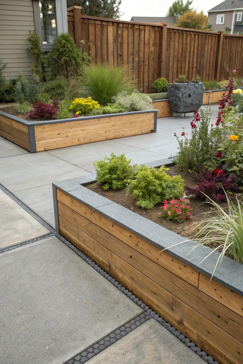 Contrasting materials bring a modern touch to patio borders.