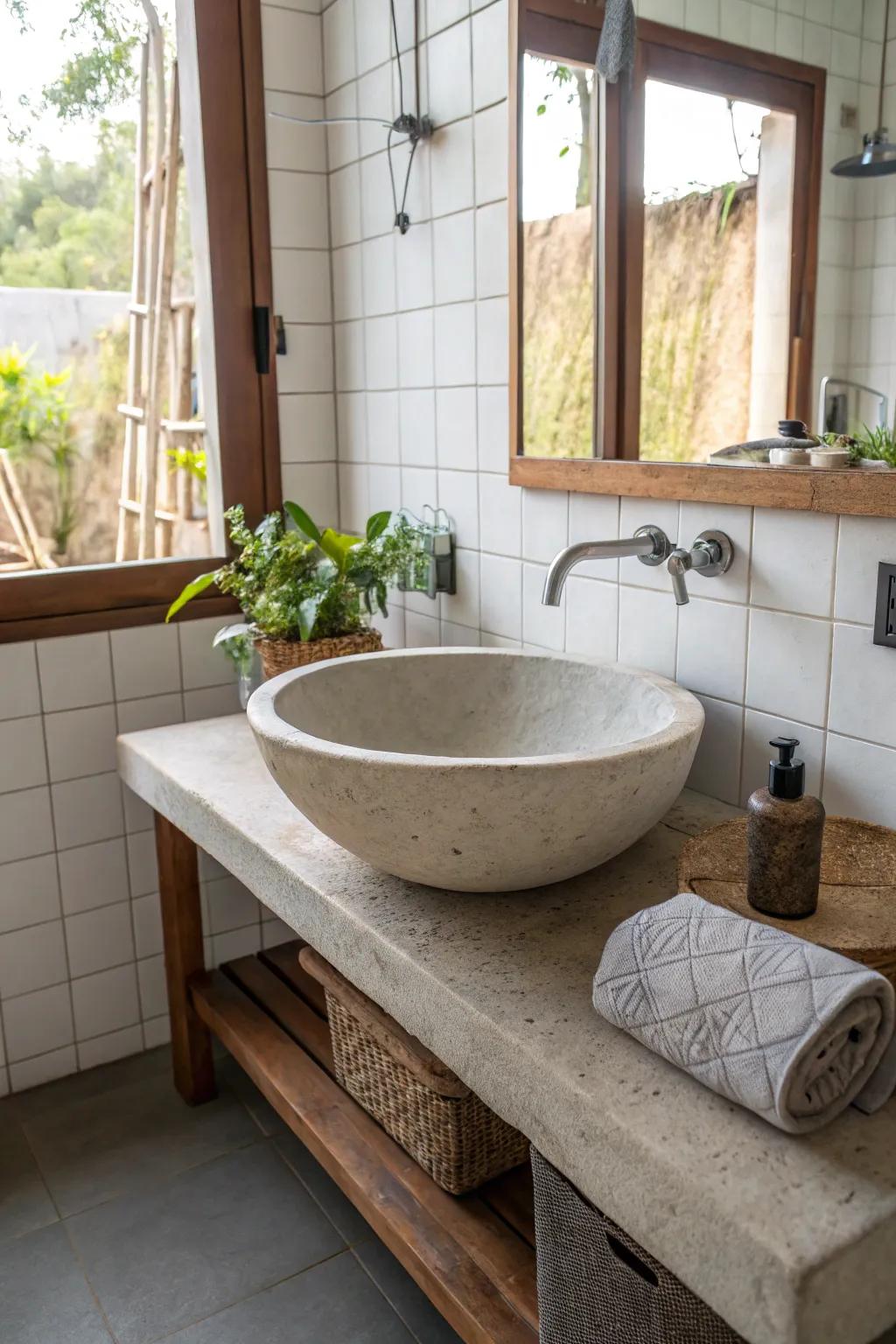 Uniquely shaped concrete basin adds character to the bathroom.