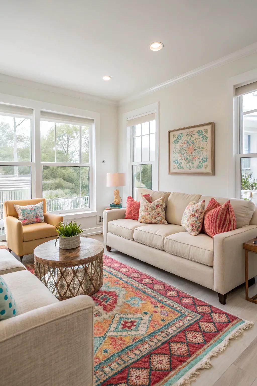 A lively splash of color enlivening a neutral condo living area.