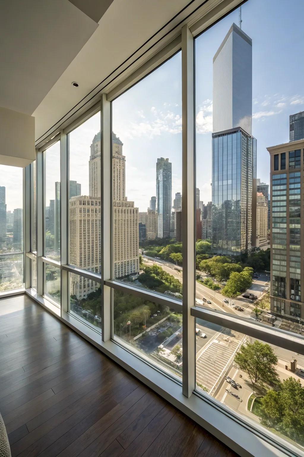 A condo with floor-to-ceiling windows with views of the cityscape.