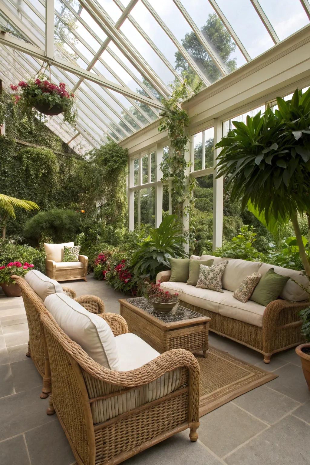 A welcoming seating arrangement in a sunroom featuring soft couches and woven chairs.