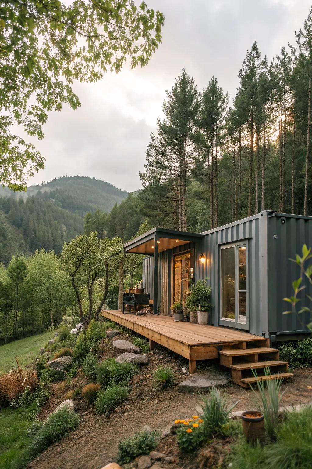 A container home harmoniously integrated with its natural surroundings.