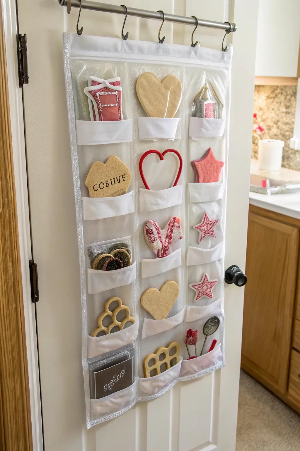 An over-the-door organizer featuring cookie embossers in see-through pouches.