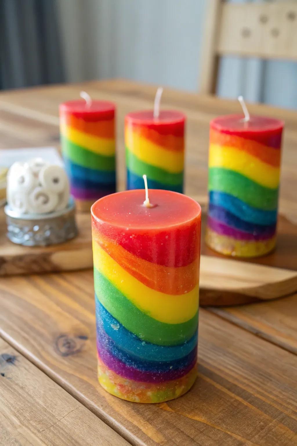 Rainbow wax pour candles bring a vibrant burst of color.