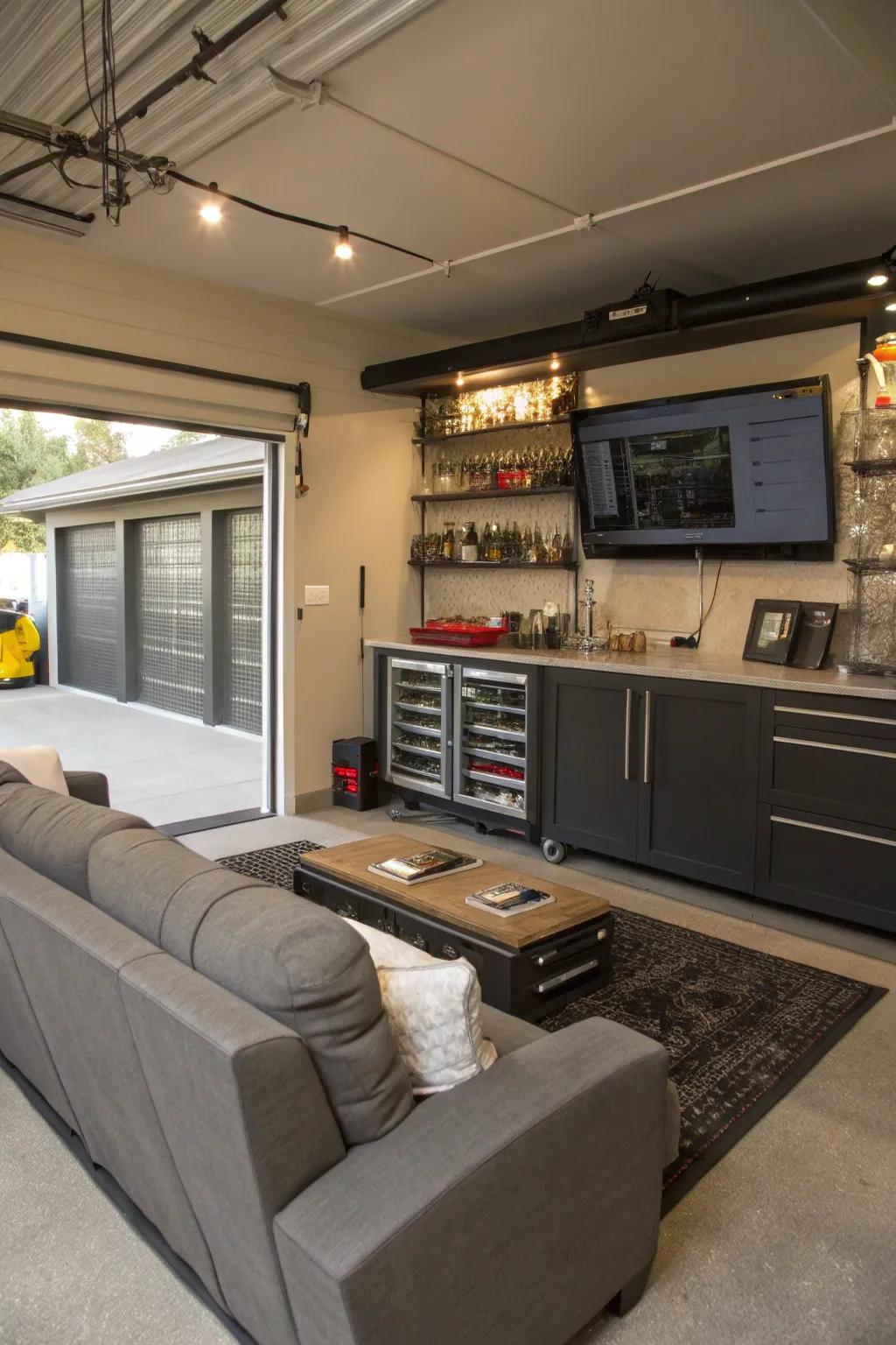 An entertainment hub in the garage with cozy seating and a mini bar.