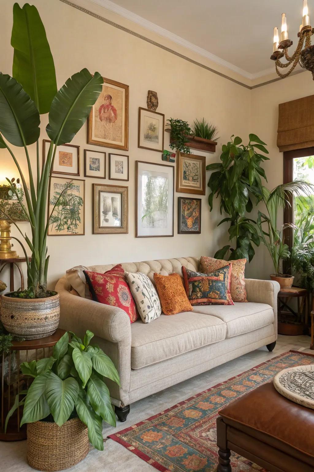 Artwork and natural components breathe life into this wonderfully decorated living room.