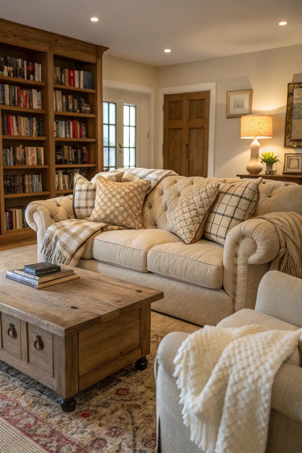 Soft seating arrangements cultivate an inviting and cozy living room.