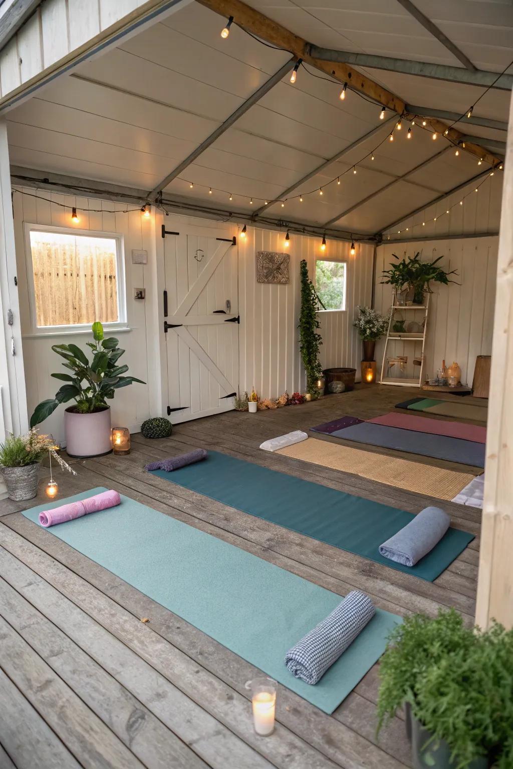 Achieve inner harmony in a peaceful shed yoga studio.