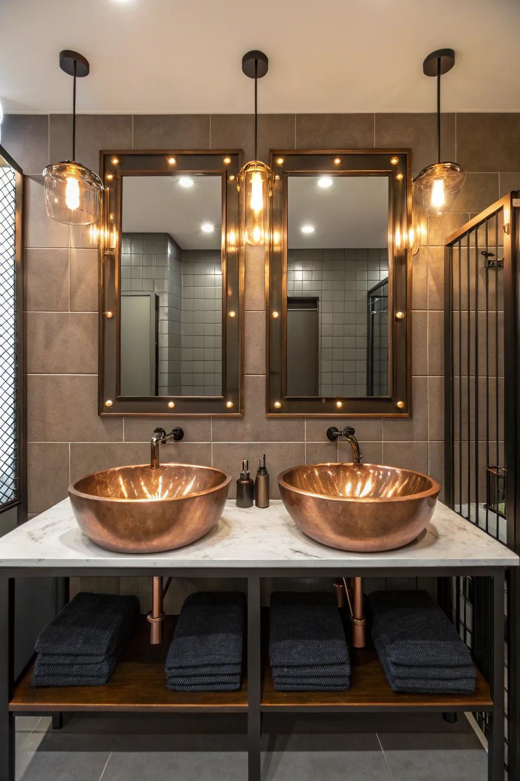 Twin copper sinks introduce symmetry and sophistication to this thoughtfully designed shared bathroom.