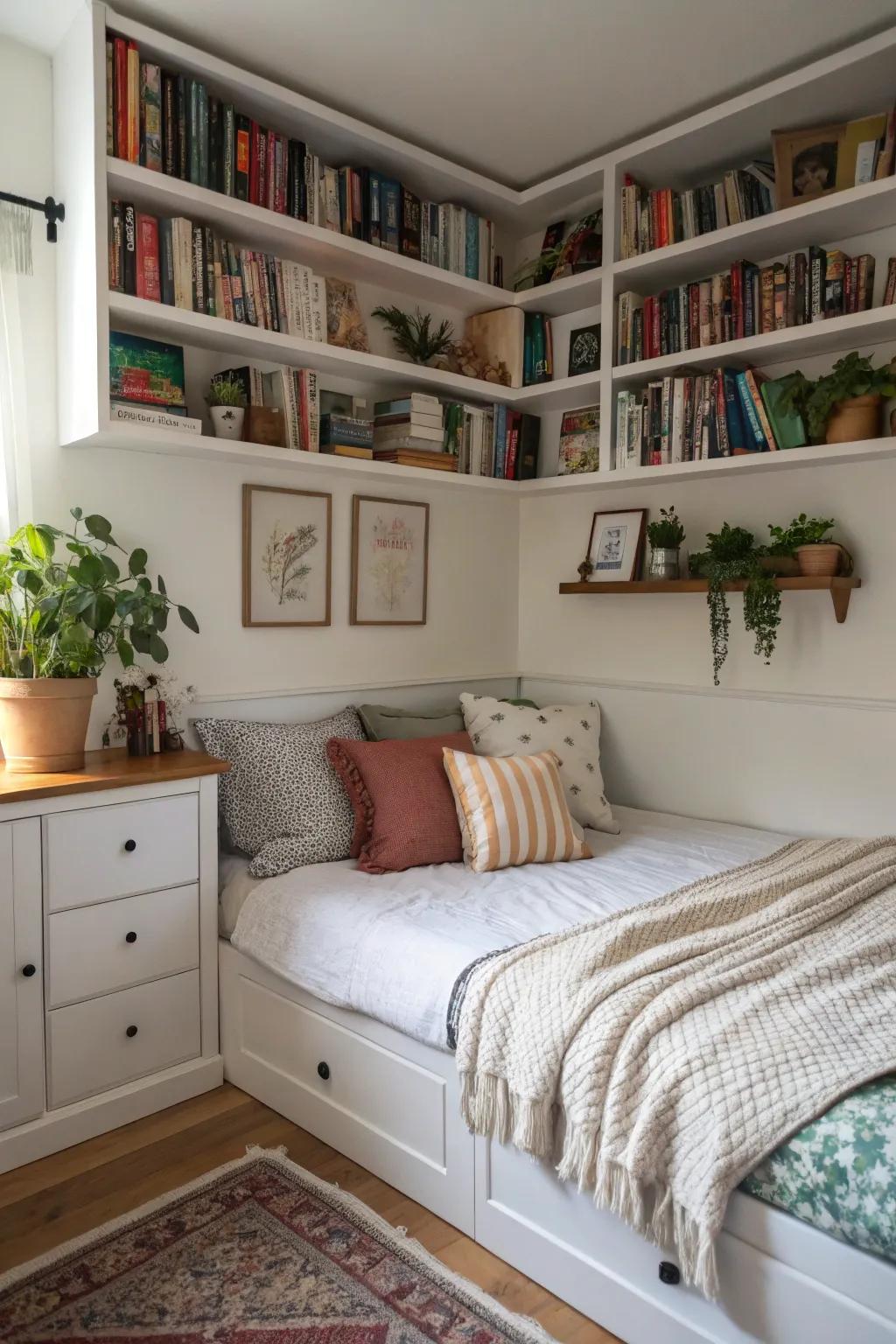 Integrated shelves add storage and flair over a corner bed.