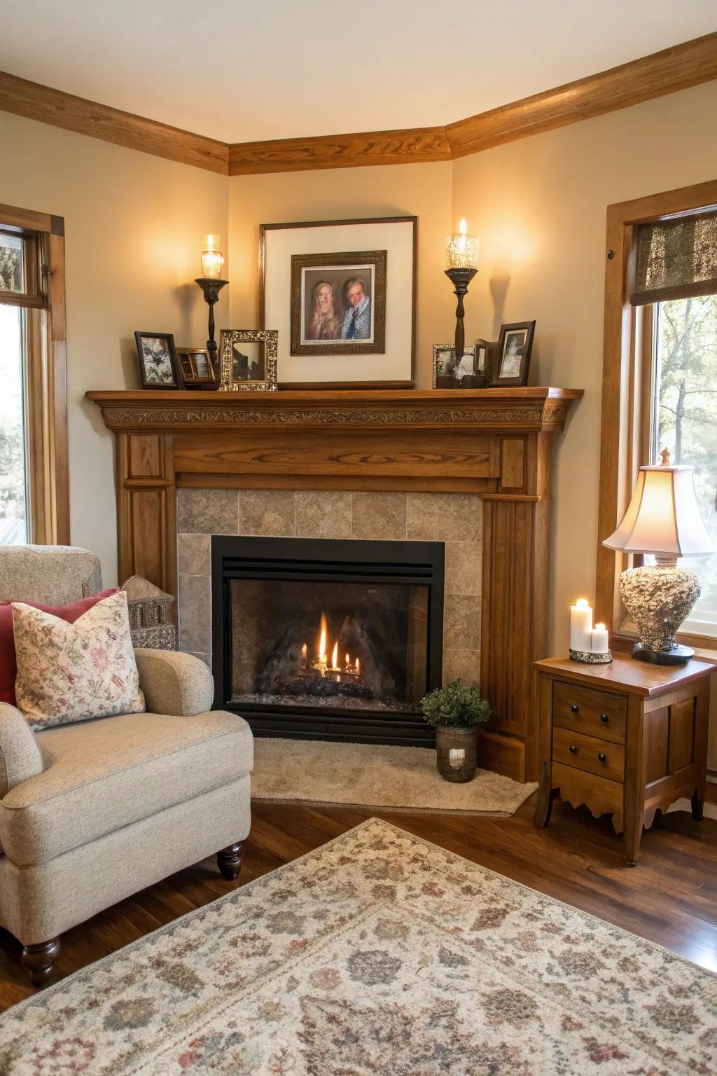 Classic wooden mantel accentuating a traditional corner fireplace.