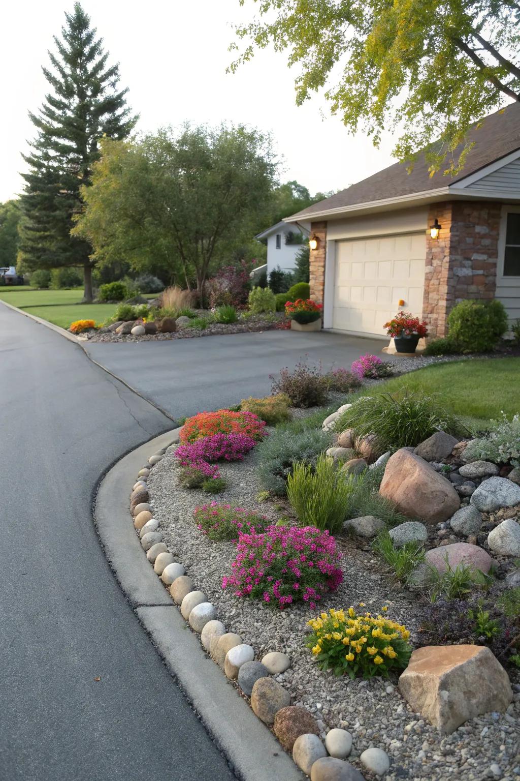 Gorgeous landscaped borders surrounding a driveway.