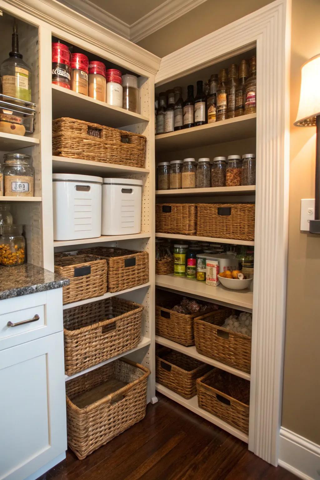 A corner pantry, featuring woven baskets for enhanced style.