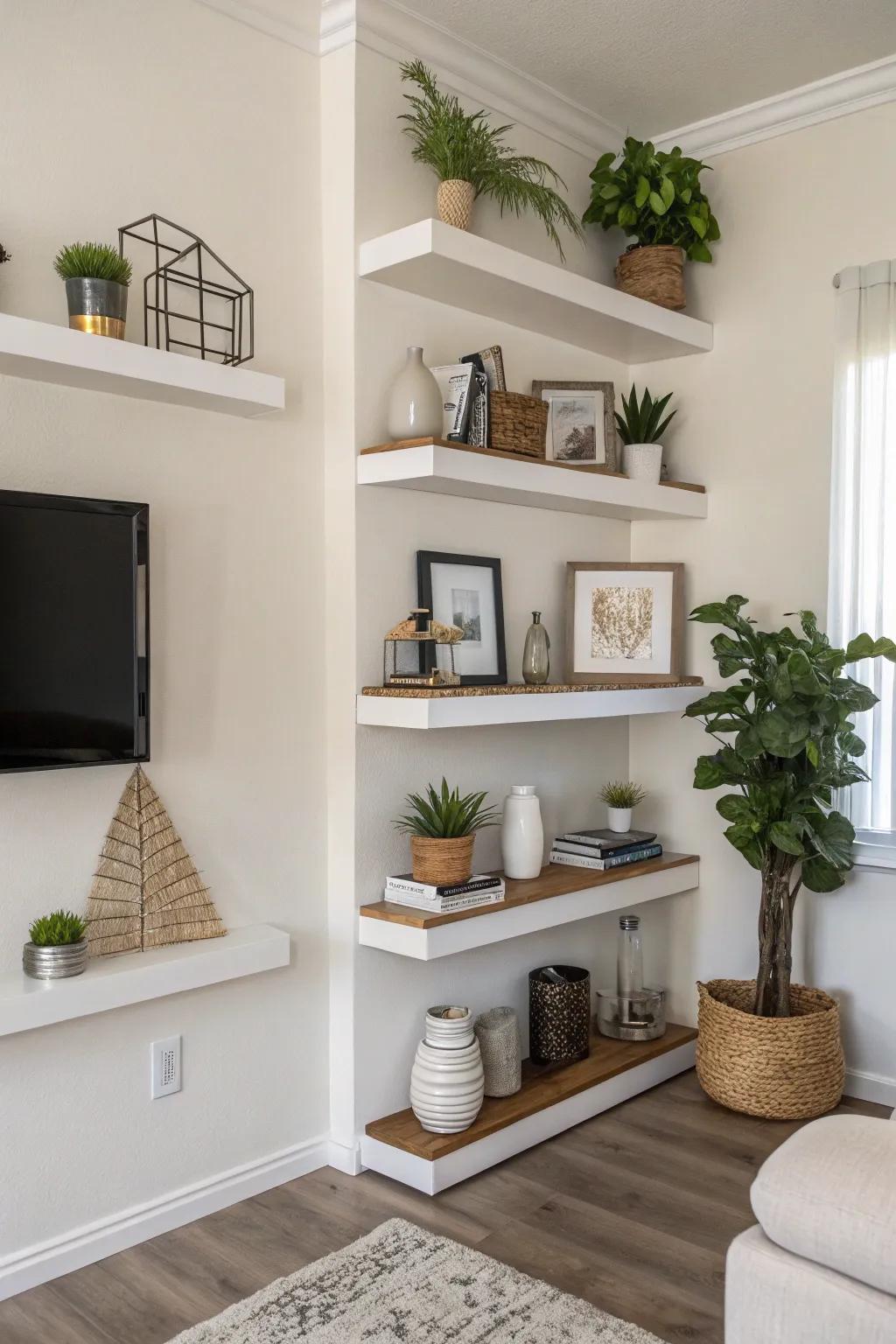 Minimalist floating corner shelves with decorative items.