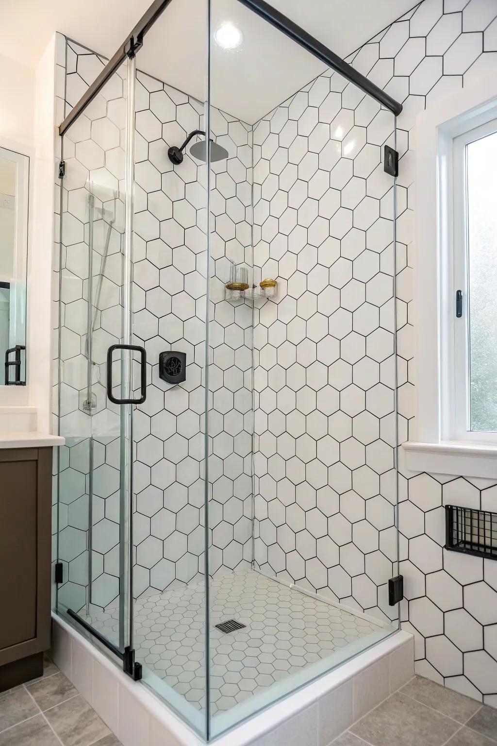 Geometric tiles inject a modern geometric appeal into your shower area.