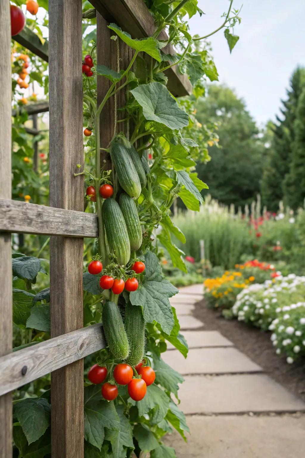 A vertical food garden featuring cucumbers and tomatoes on a trellis.