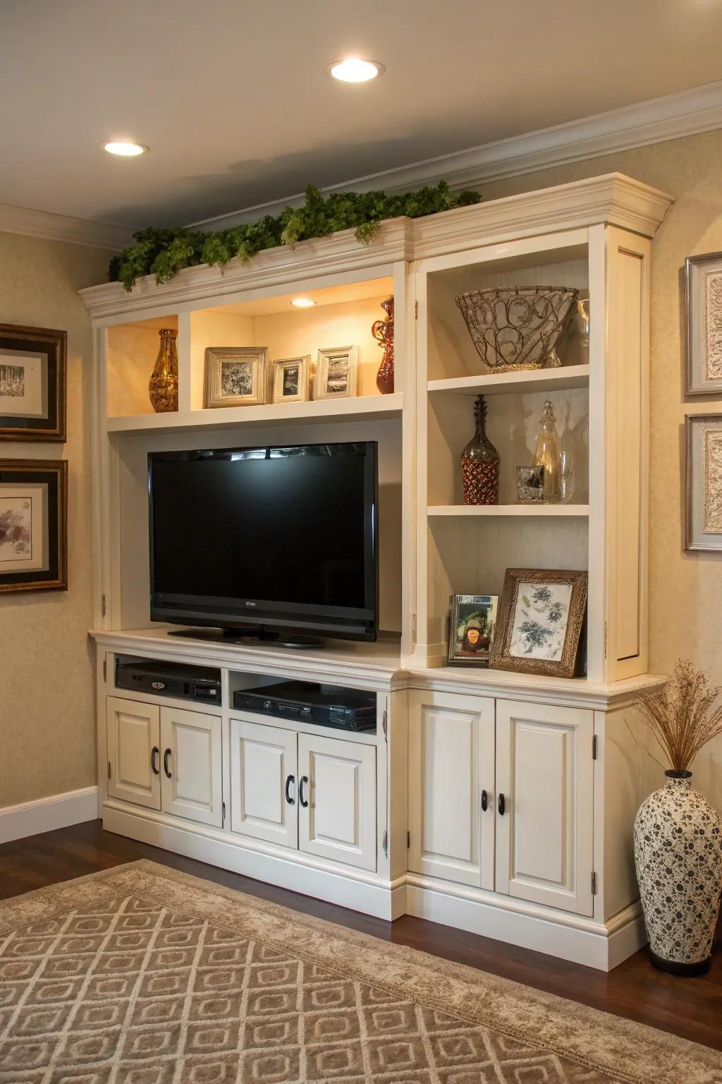 A media station that transforms a corner into a multifunctional media hub.