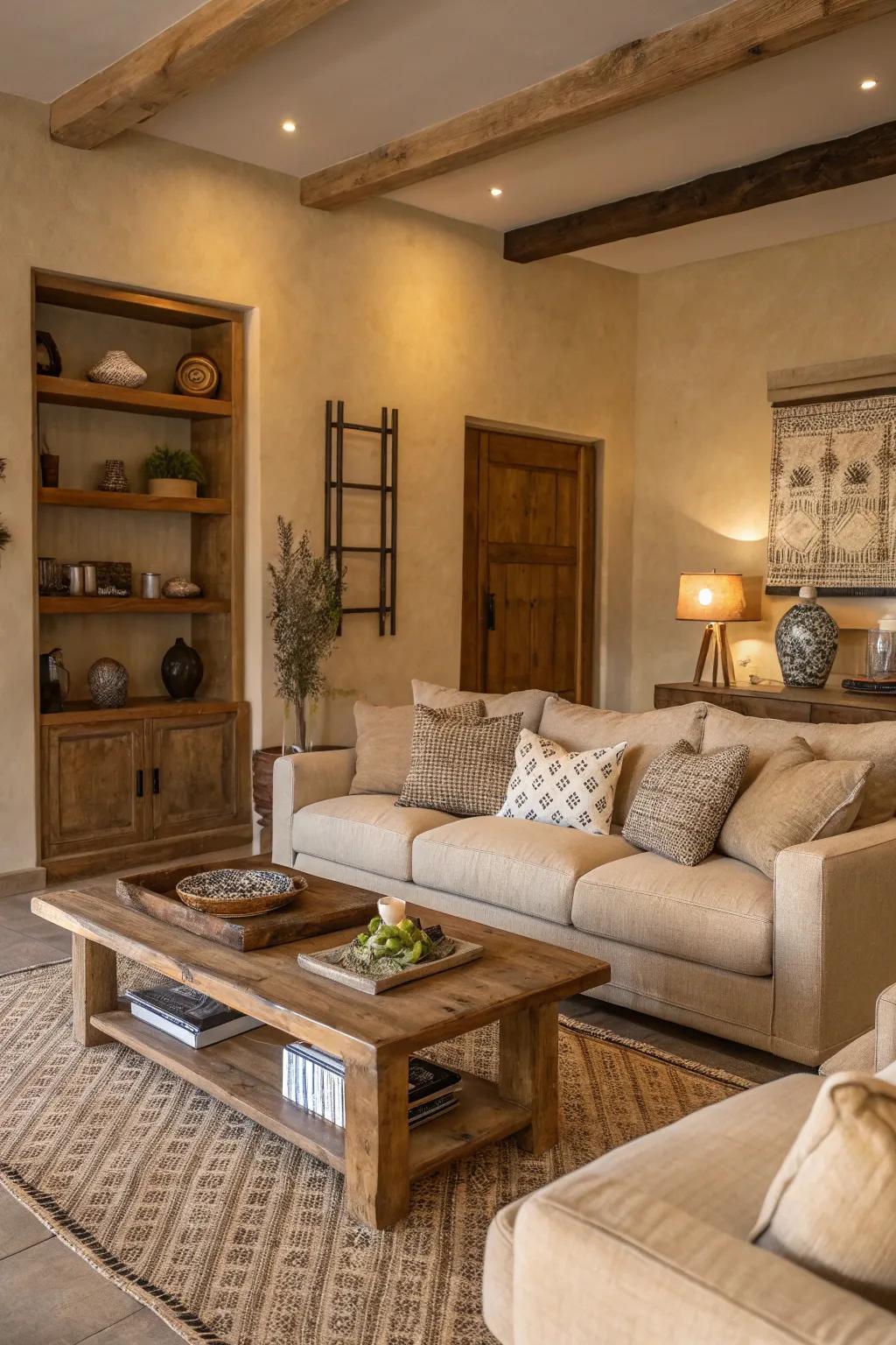 Earthy hues foster a serene ambiance within the living space.