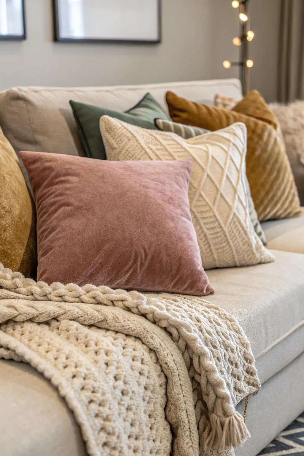 An assortment of textures presents magnitude and coziness to the sofa.