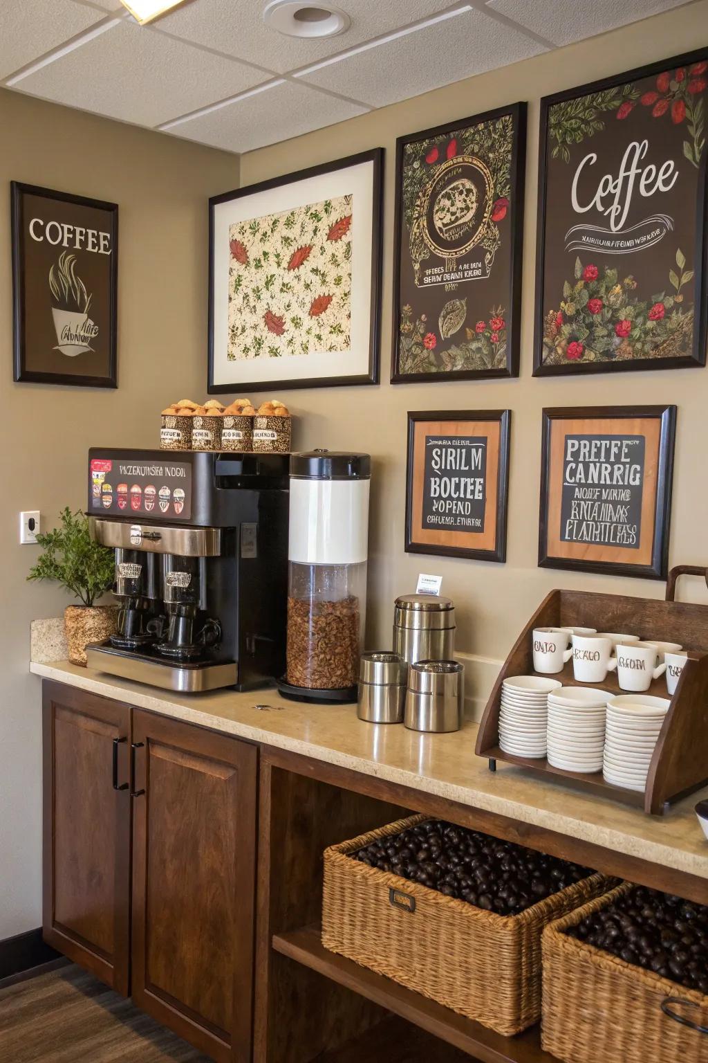 Liven up your coffee area with art for a creative atmosphere.
