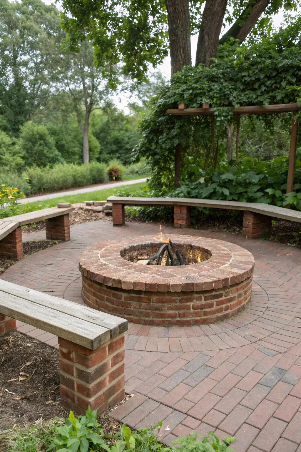 Bricks and wood coalesce beautifully to produce a delightful nature-inspired fire pit.