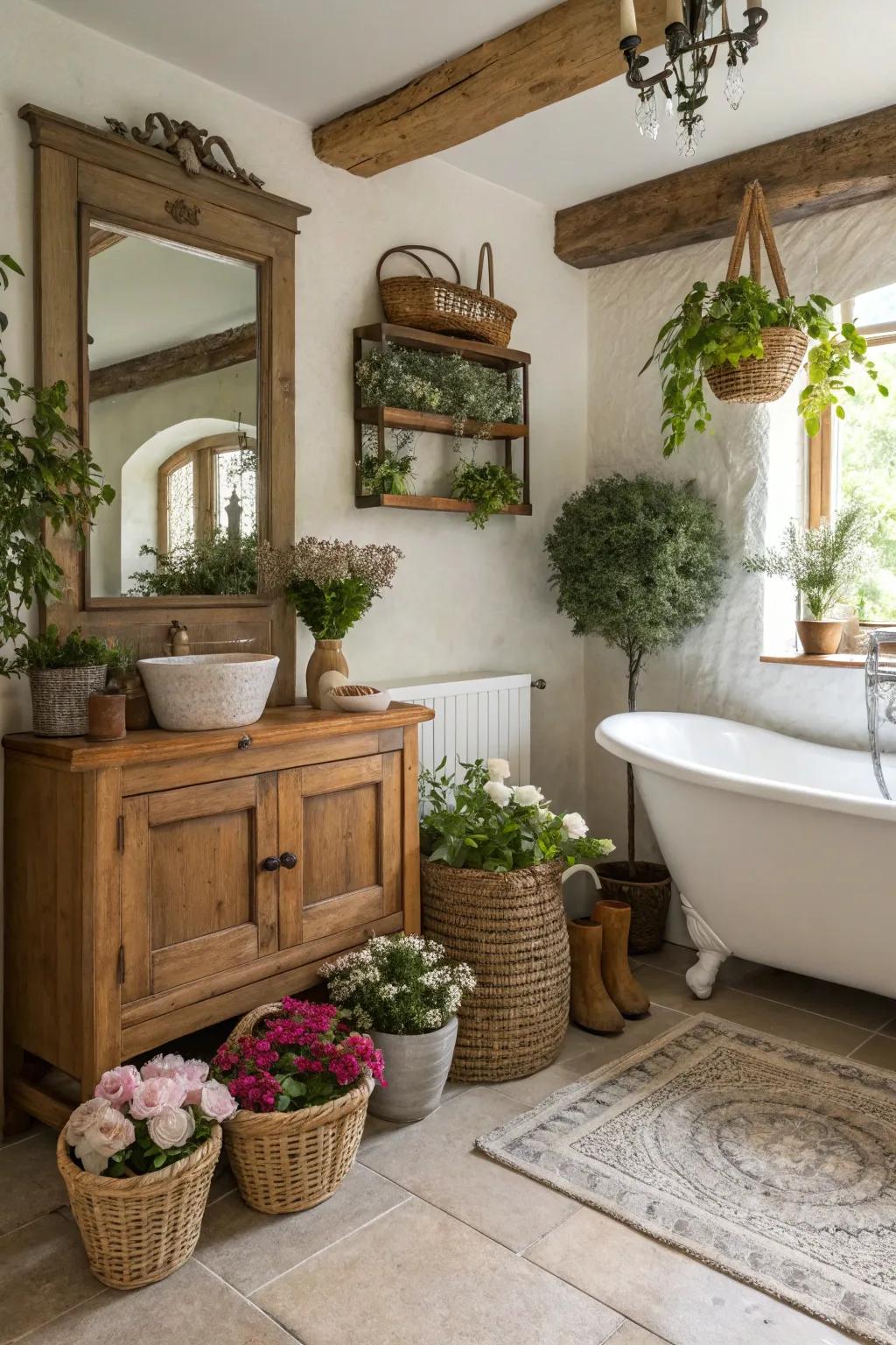 Greenery breathes life into this inviting country bathroom.