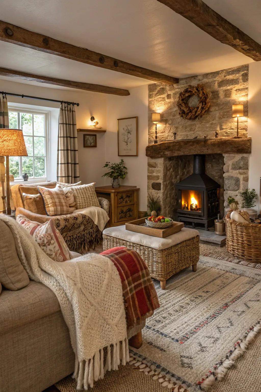 A cozy living room with a mix of textures for a warm feel.