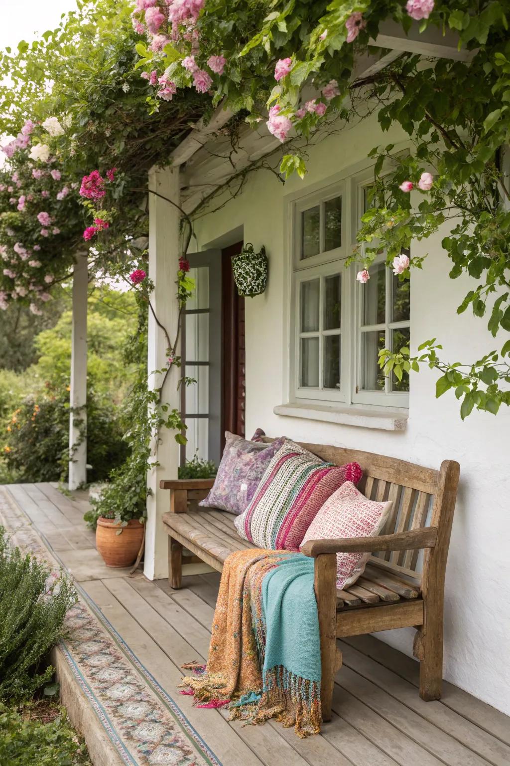 Comfortable textiles adorn a wooden bench on a farmhouse porch.