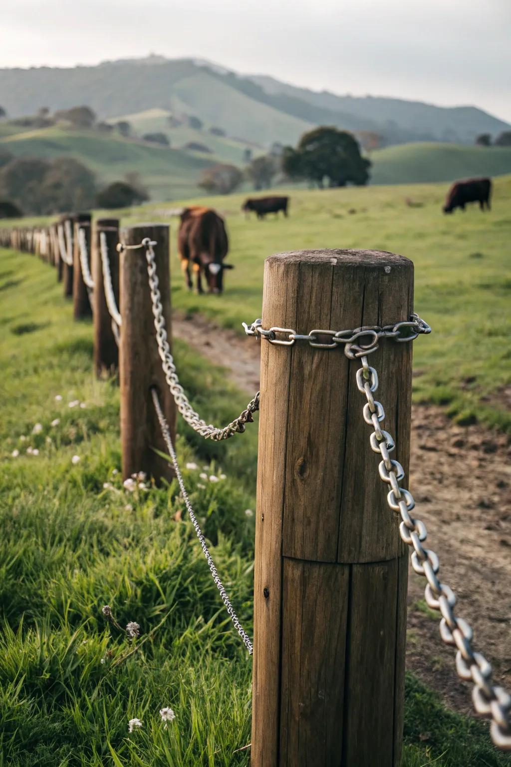 Cylindrical wood pillars and chain link for a nostalgic, countryside atmosphere.