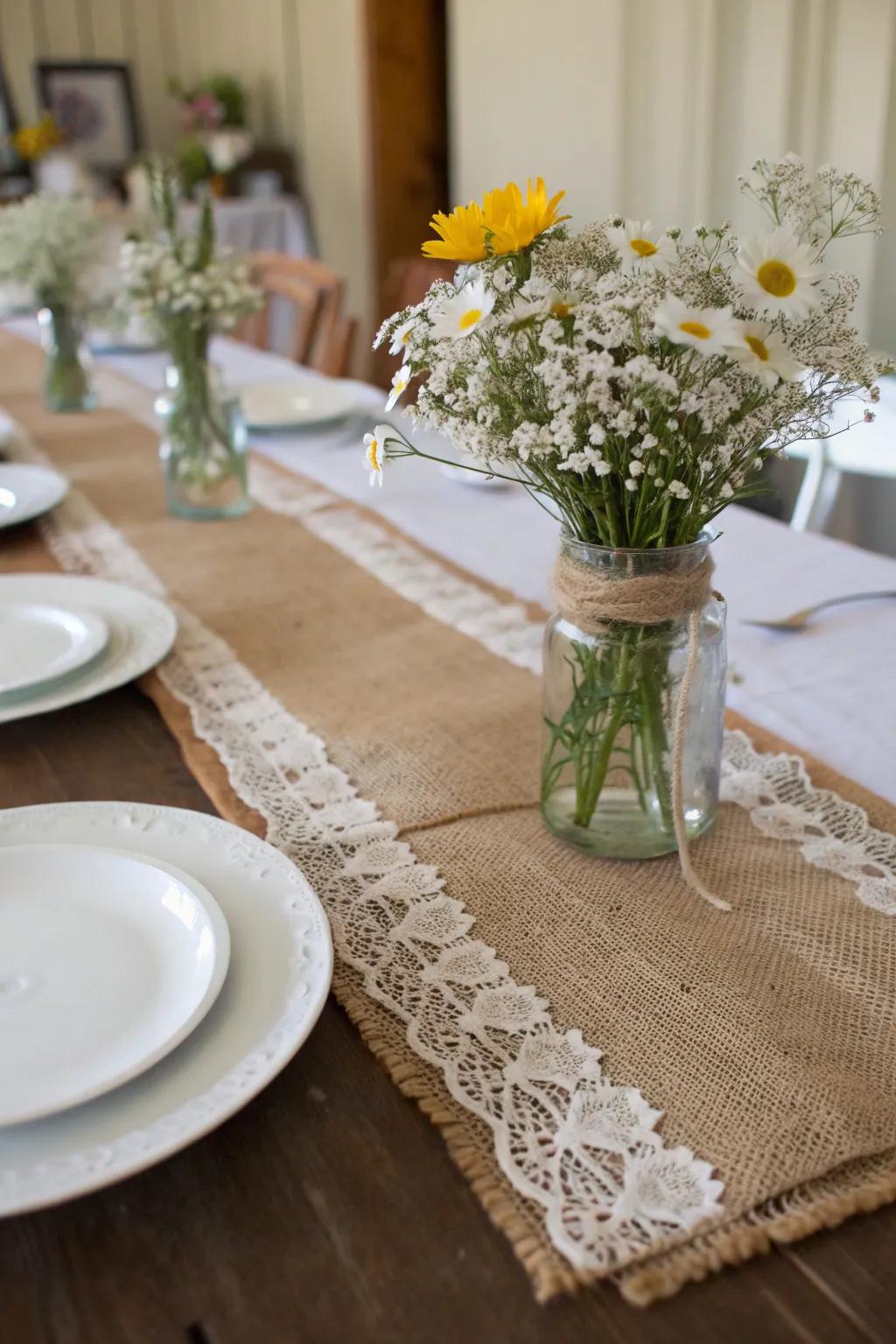 Hessian and lacework fashion a stylish rustic tablescape.