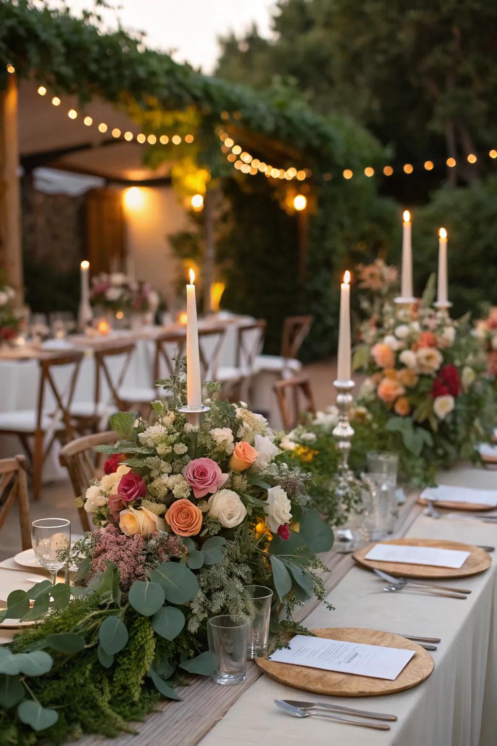 Wedding tables adorned with lavish botanical and greenery designs.