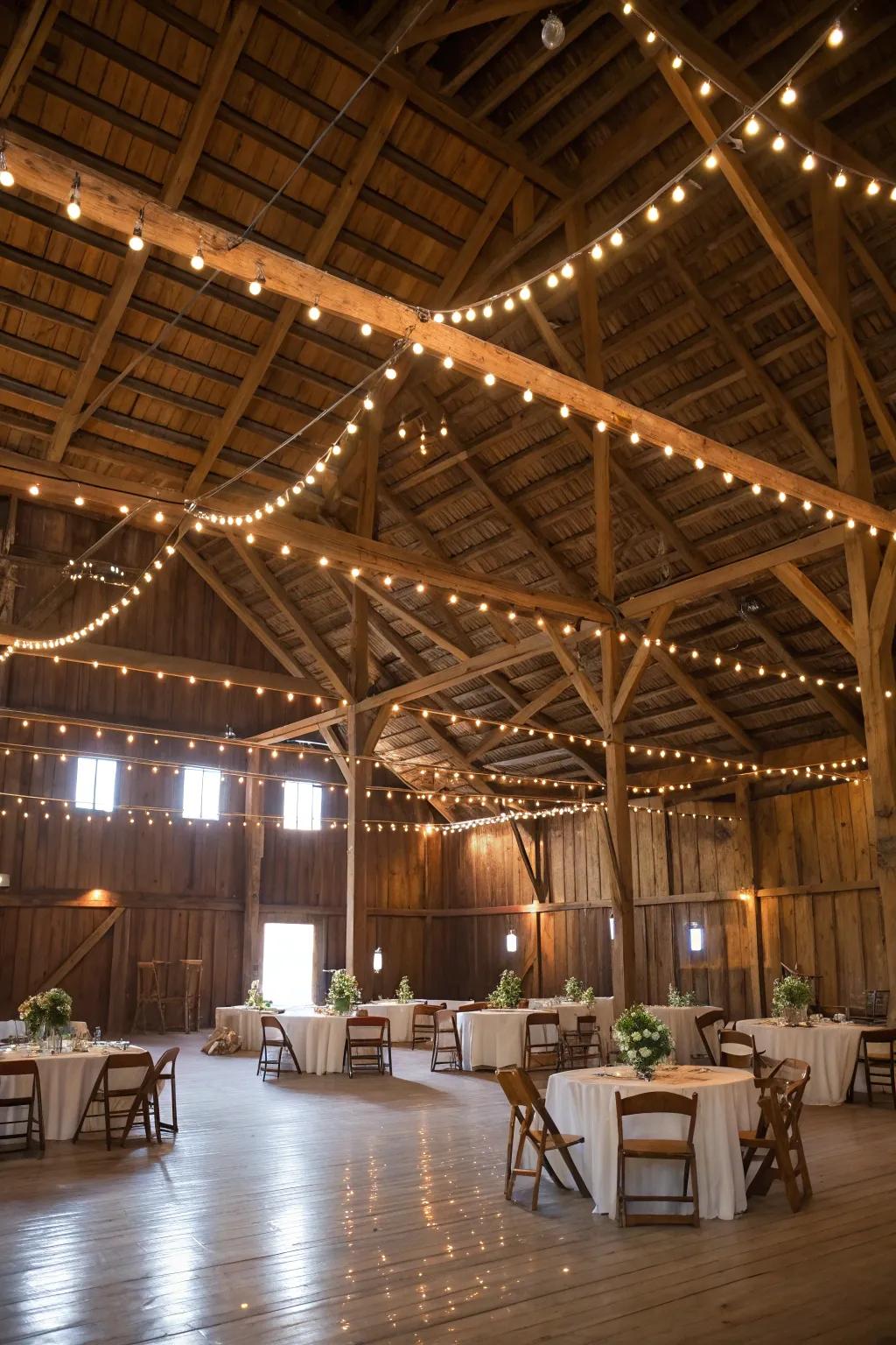 A barn dance reception radiates rustic beauty.
