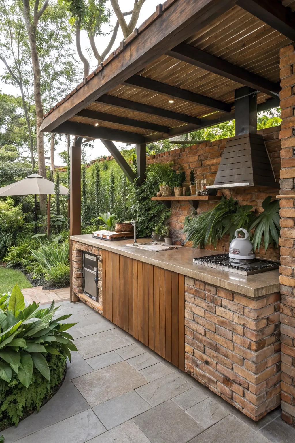 A snug, rustic kitchen showcasing timber and brick elements brings warmth to your deck.