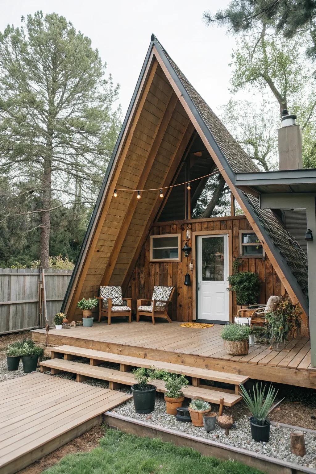 An A-frame design delivers a countryside escape feel, ideal for nature enthusiasts.