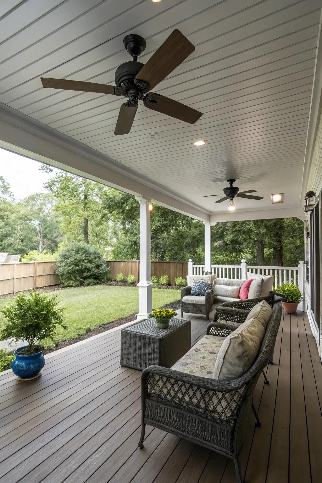 Ceiling fans provide both aesthetic appeal and comfort during warm weather.