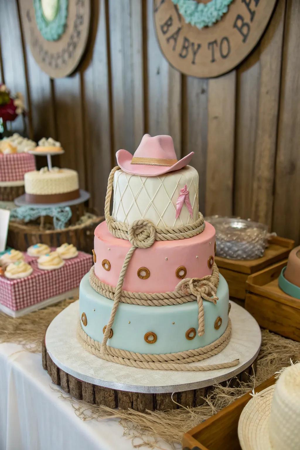 Western-themed accessories lend a charming touch to this baby shower cake.