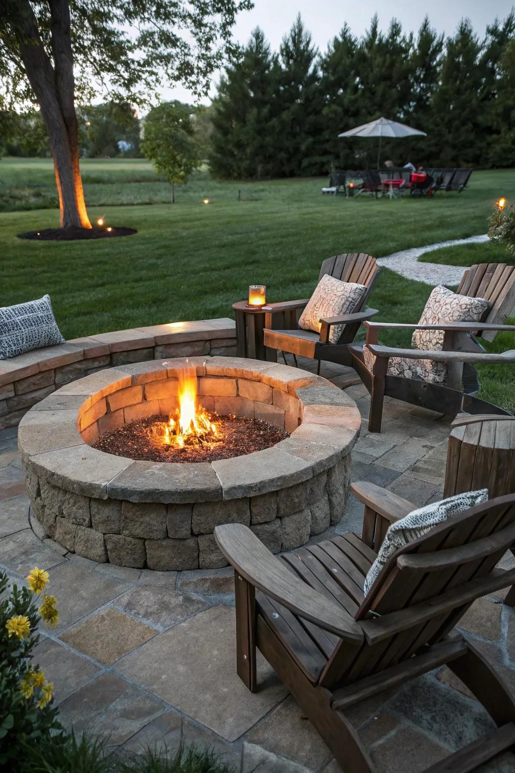 A fire pit acts as a welcoming gathering place.