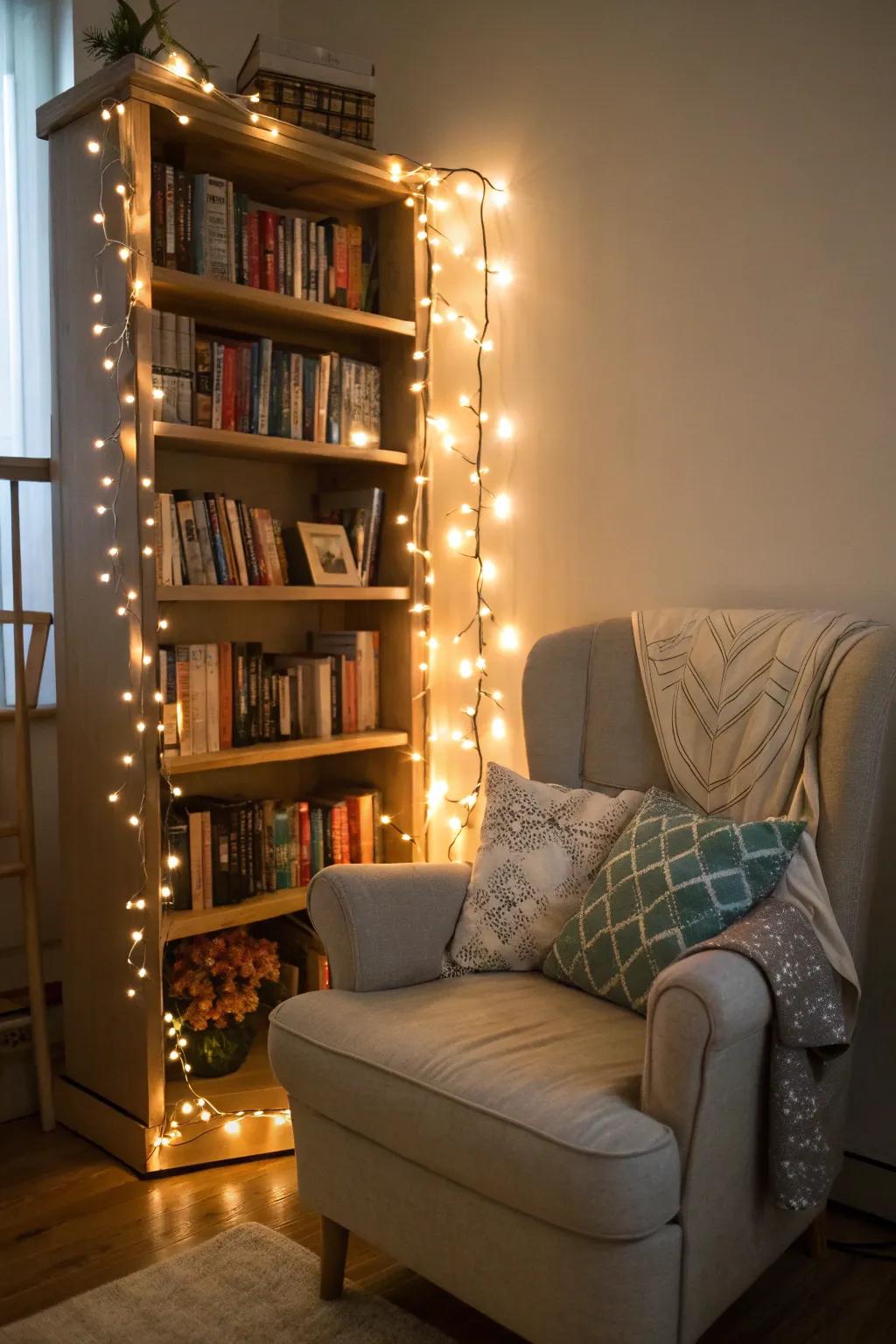 Reading corner featuring twinkle lights around a bookshelf.