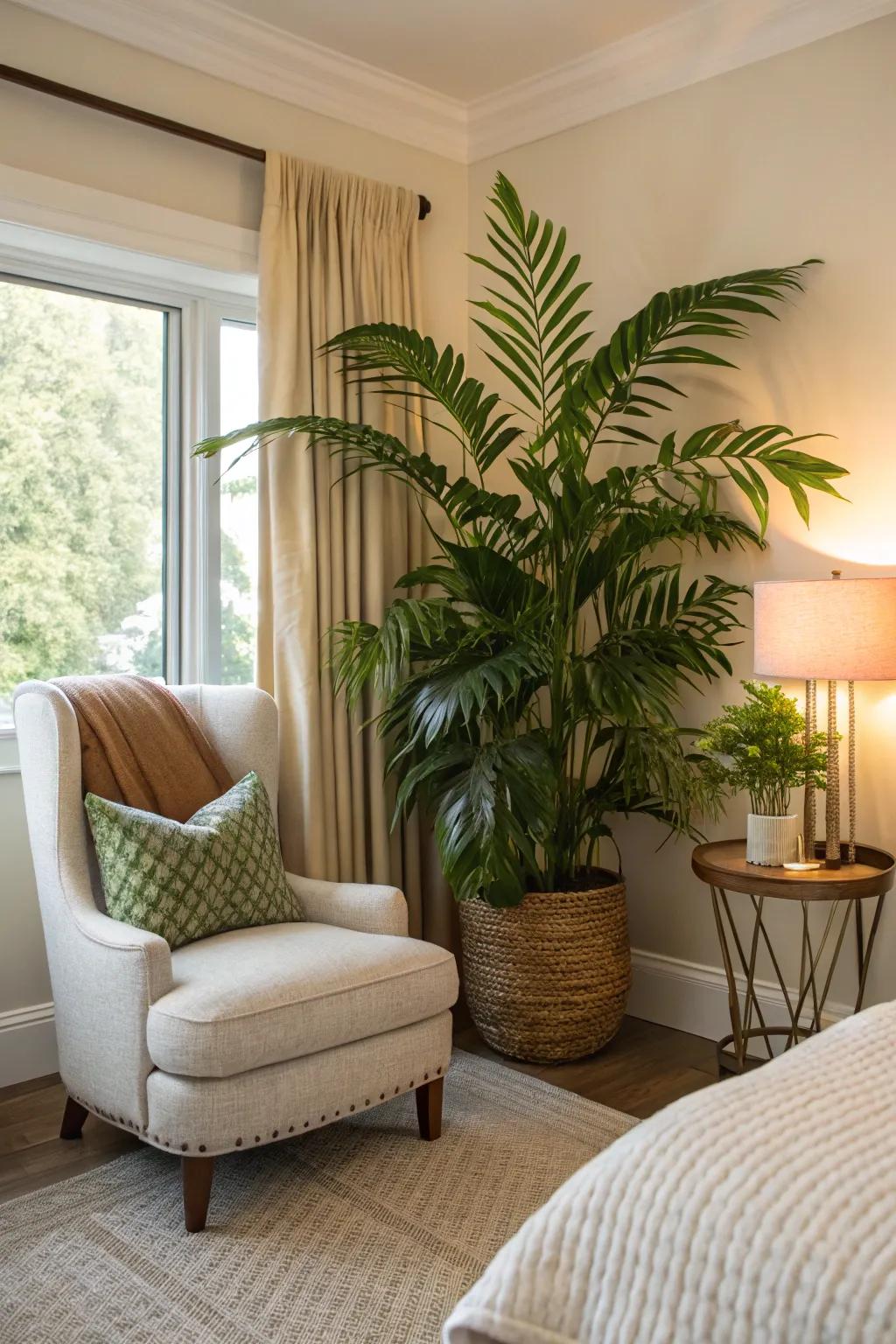 A focal plant brings drama and natural elements to any bedroom setting.