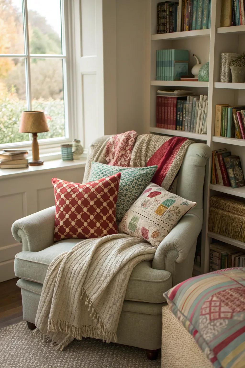 A reading nook brimming with vibrant pillows and blankets, inviting you to snuggle up in style.