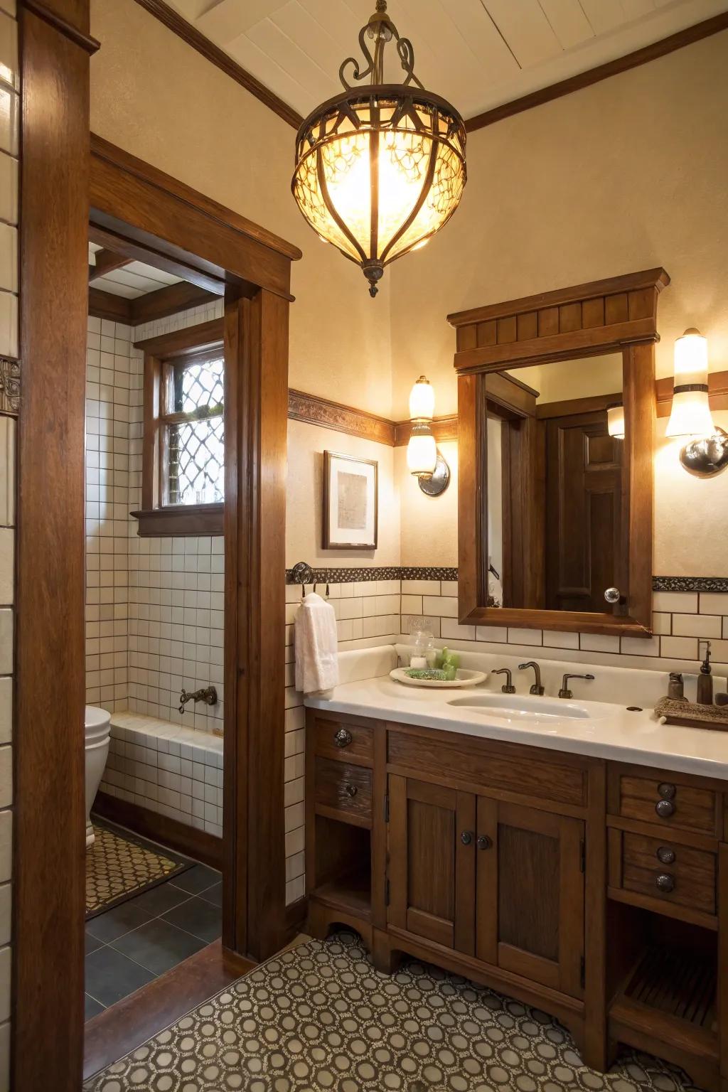 Vintage-inspired light fittings brightening the craftsman bathroom.