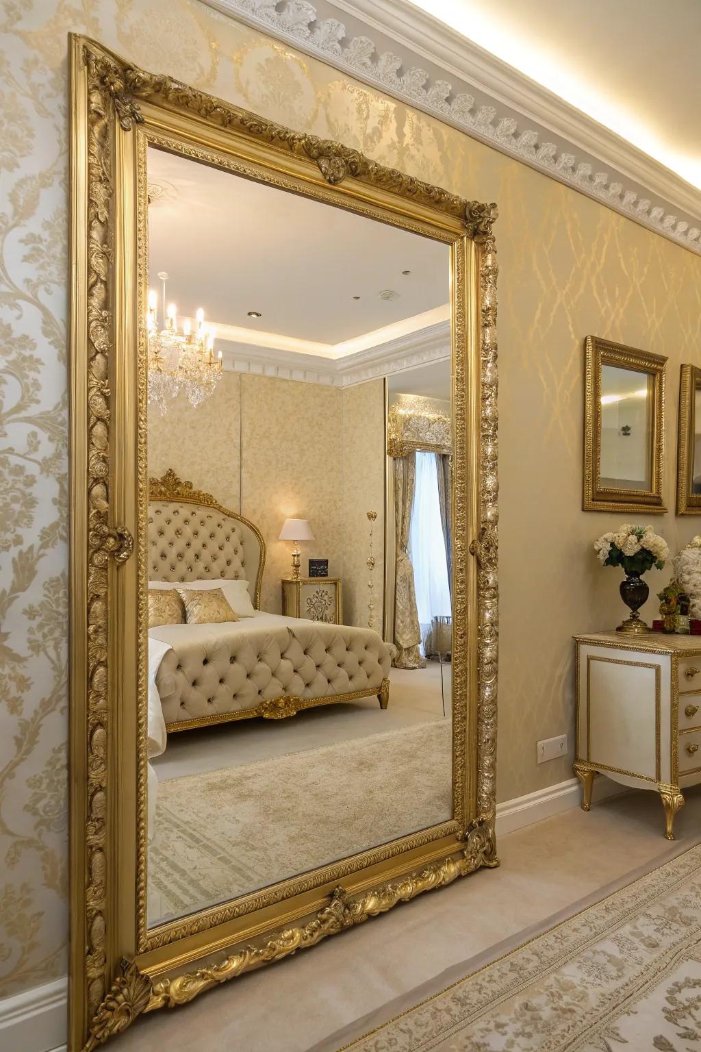 Looking glasses fitted with gilded frames give dimension and class to the area.